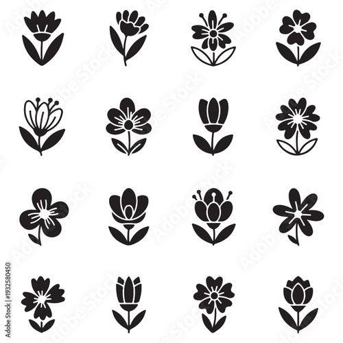 Flat Flower Icon Set: Solid and Outline Botanical Vectors,
Minimalist Floral Symbols for UI Design and Mobile Apps,Black and White Garden Blossom Icons Collection