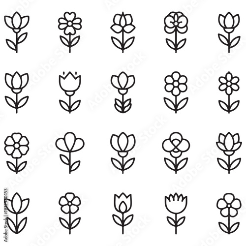 Flat Flower Icon Set: Solid and Outline Botanical Vectors,
Minimalist Floral Symbols for UI Design and Mobile Apps,Black and White Garden Blossom Icons Collection