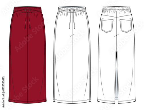 Utility Maxi Skirt Technical Fashion Illustration. Column Skirt Vector Template. Front and Back View. Drawstring Waist. Back Slit Detail. Unisex Aesthetic. White Color. CAD Mockup.
