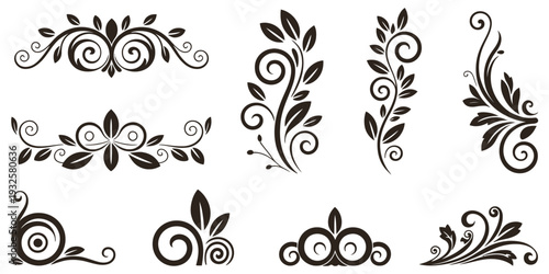 Chinese Ornamental Floral Design Set with Peacock Feathers, Flowers, Leaves and Swirls, Exquisite Luxury Decorative Elements in Black and White, Vinyl Ready Asian Cultural Illustration