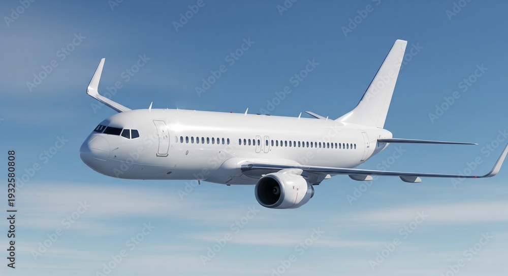 Fototapeta premium White passenger airplane with winglets flying in a clear sky, symbolizing efficient air travel and modern design.