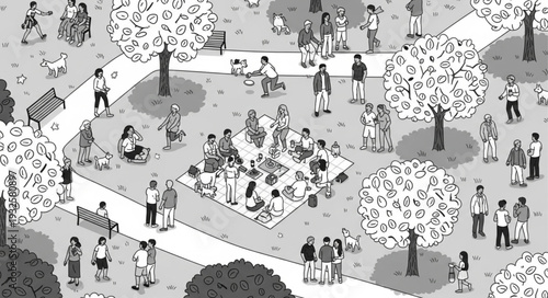 People enjoying a sunny day in the park, socializing and relaxing together.