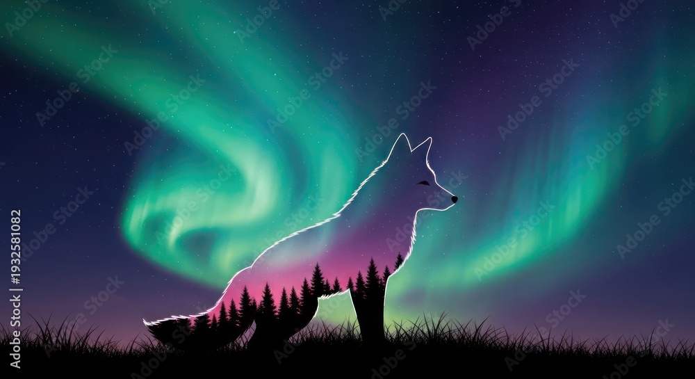 Fototapeta premium A silhouette of a wolf with a forest and aurora borealis background, symbolizing nature and wilderness.