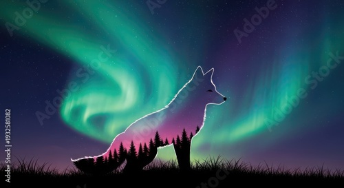 A silhouette of a wolf with a forest and aurora borealis background, symbolizing nature and wilderness.