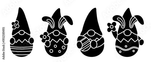 Easter gnome silhouette in broken eggshell set.
Cute Easter gnomes sitting inside cracked egg.
Spring gnome silhouette clipart collection.
Transparent Background. SVG.