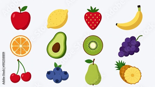 Vibrant Fruit Pattern Illustration Featuring Apple, Lemon, Strawberry, Banana, Orange, Avocado, Kiwi, Grape, and More for a Healthy Summer Diet