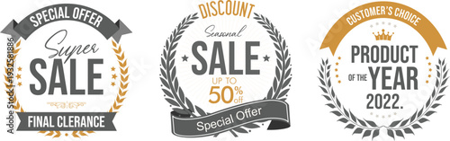 Three promotional sale labels for discounts and product of the year