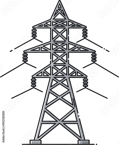 A detailed illustration of a grey electricity pylon with power lines, symbolizing energy transmission and infrastructure.