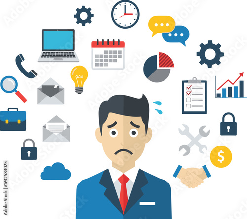 Overwhelmed Businessman Surrounded by Office Tasks Icons Representing Work Stress Time Management Financial Pressure and Corporate Responsibilities in Modern Flat Vector Illustration