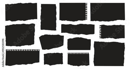 Collection of versatile black torn paper and notebook elements. Perfect for grunge designs, notes, borders, and text frames. Editable vector graphic.