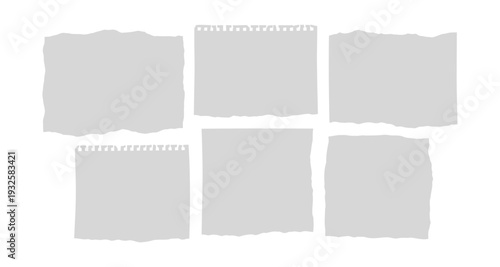 Versatile set of empty ripped paper pieces. Features gray memo sheets with ragged edges and notebook top perforations. Ideal for various design projects.