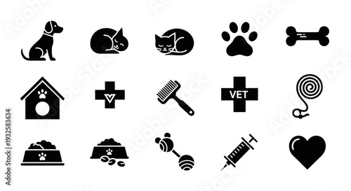 Black icons for pet care and veterinary services