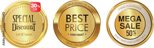 Golden discount and sale badges on a white background