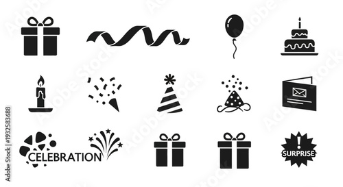 Black icons for birthday and celebration concepts