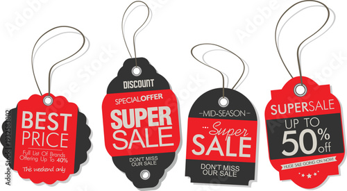 A group of discount tags on strings for sales