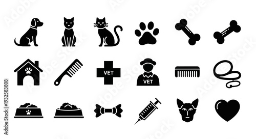 Black icons for pet care and veterinary services