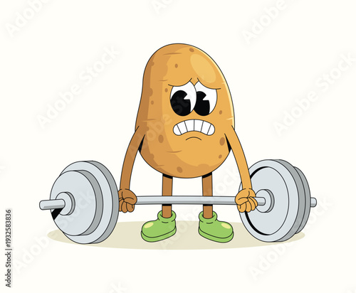 potato hard weightlifting groovy cartoon illustration