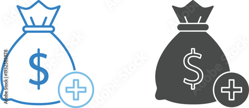 Money Bag Icon Set with Dollar Symbol and Plus Sign Representing Financial Growth Profit Increase Investment Savings and Business Revenue in Outline and Solid Vector Style