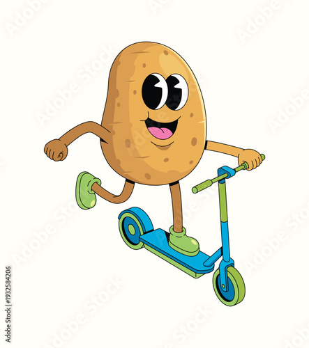 potato kick scooter groovy cartoon illustration