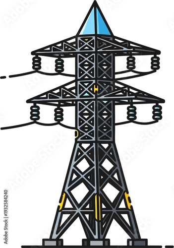 Detailed illustration of an electricity pylon with power lines and insulators against a white background.