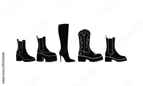 Diverse collection of women's fashion boots in black silhouette design