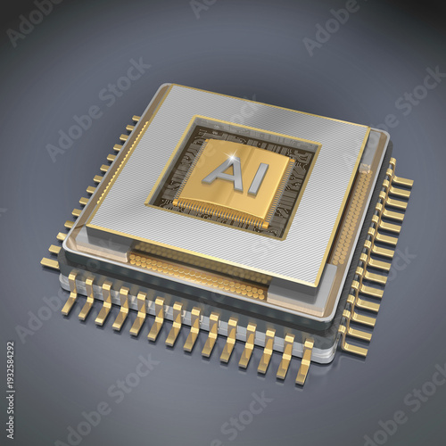 3d, Illustration mit Zentraler AI-Mikrochip als Herzstück. Intelligente Vernetzung und Steuerung aller Lebensbereiche durch ein digitales Kernsystem