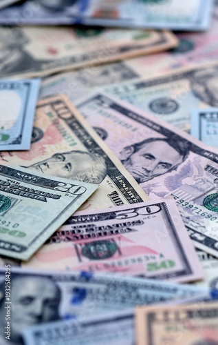 Wallpaper Mural US dollar money bills pile on table. United States banknotes of USD currency close up. Torontodigital.ca