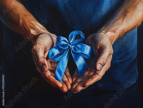 A man is holding a blue ribbon in his hands. The ribbon is tied in a bow. The man is wearing a blue shirt