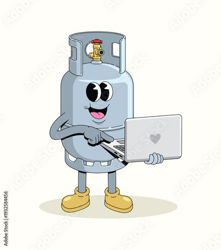 gas cylinder laptop groovy cartoon illustration