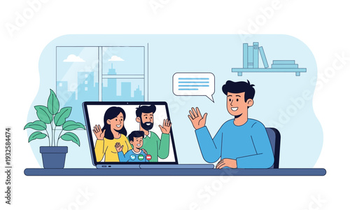 Family video call on laptop with cheerful parents and child waving hello