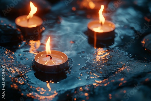 A serene scene with multiple candles burning brightly and reflected in a still surface of water.