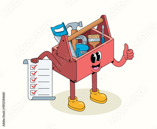 toolbox checklist groovy cartoon illustration