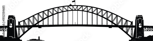 Black and White Silhouette of Sydney Harbour Bridge with Steel Arch, Pylons, and Flag Depicting Iconic Australian Architecture and Engineering
