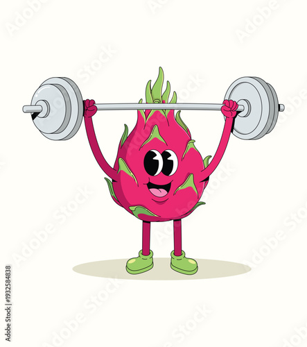 dragon fruit weightlifting style groovy cartoon illustration
