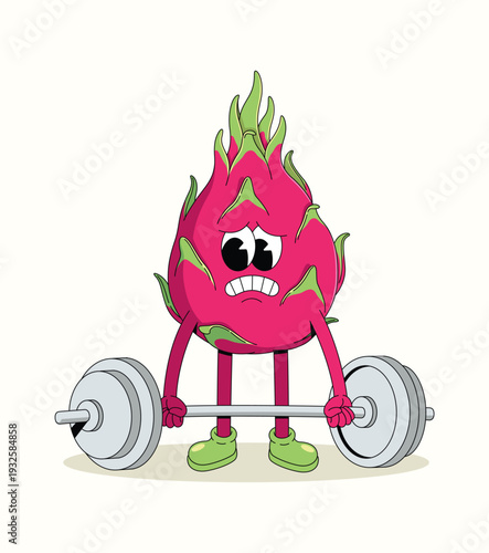 dragon fruit sad weightlifting style groovy cartoon illustration