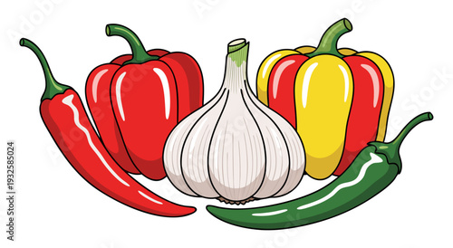 Spicy food ingredients in a vector illustration including red and green chili peppers, bell peppers, and garlic bulb