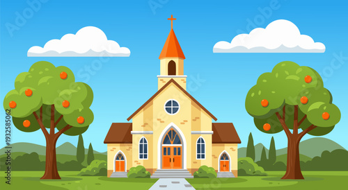 Beautiful vector illustration of a charming church surrounded by lush trees, representing community and faith, perfect for religious themes