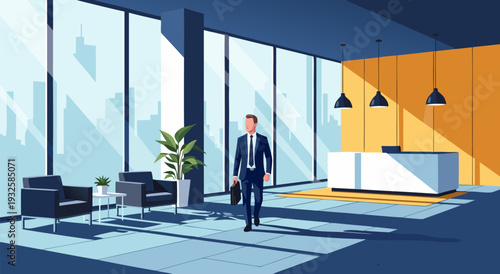 Professional business man walking confidently in modern office lobby with reception desk and lounge chairs, vector illustration