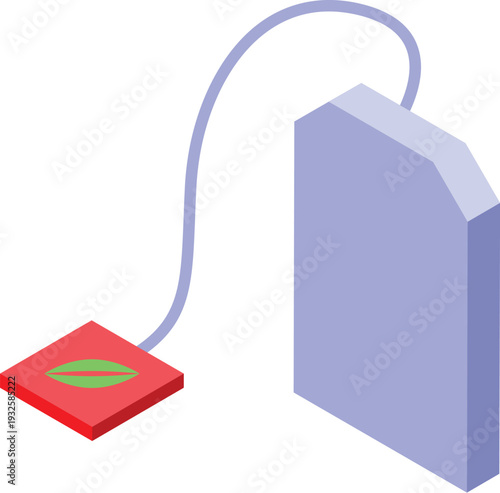 Red square tea bag label with green leaf connected by string to empty rectangular violet tea bag, isometric view