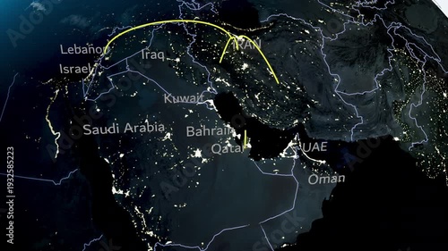 Israel war on Iran atack Gulf cities Map Dubai, UAE. Qatar, Iraq, Kuwait, Oman, Saudi, Bahrain
