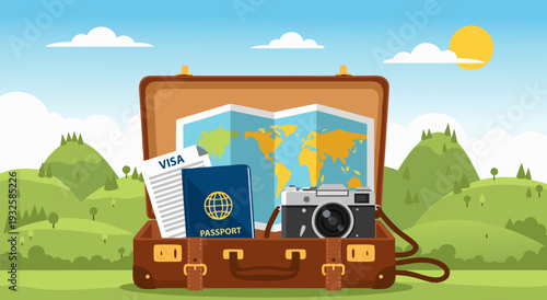 Vector illustration of a vintage open suitcase packed with travel essentials including a passport, visa, map, and camera, set against a scenic natural landscape
