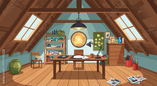 Cozy Attic Art Studio Creative Workspace Vector Illustration with Desk, Easel, and Supplies
