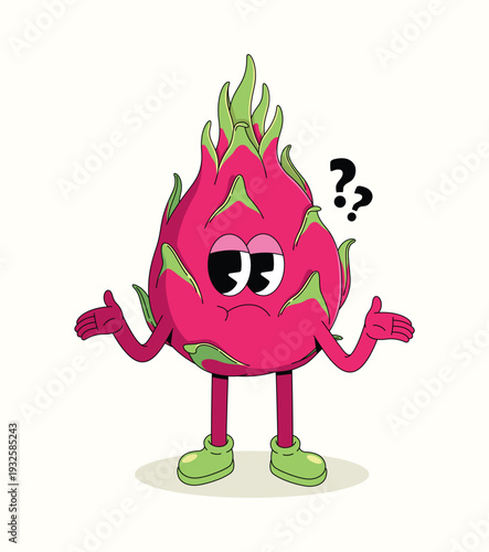 dragon fruit shrugging groovy cartoon illustration