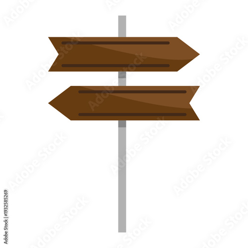 Double wooden roadsign set. Two 2 Vector symbols. Rustic brown indicators. Outdoor park navigation signpost set.