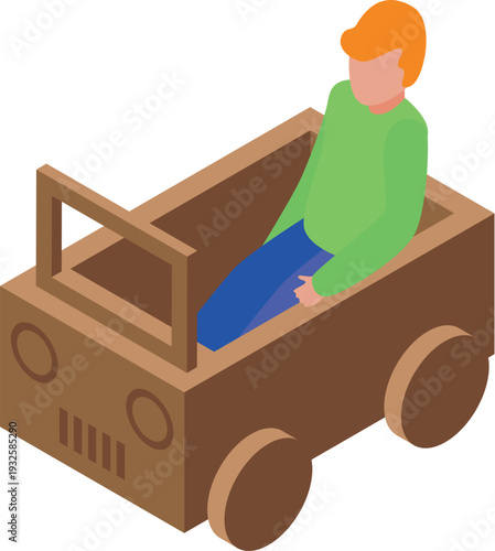 Boy enjoying a cardboard car, fostering creativity and eco conscious play