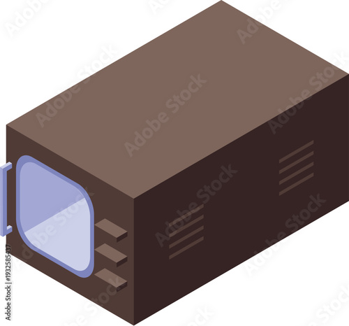 Isometric projection of a vintage microwave oven highlighting its heating compartment and simple design