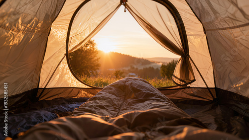 Wallpaper Mural View from tent to golden sunset and sleeping bag. Suitable for outdoor brand banner, hiking ad, freedom article.
 Torontodigital.ca