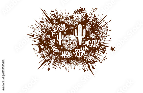 Edgy Chaos Cluster Sticker Silhouette with Disco Ball and Cactus, Maximalist Urban Vector Illustration for Laptop Decals