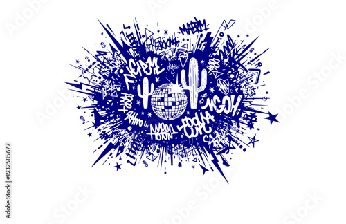 Edgy Chaos Cluster Sticker Silhouette with Disco Ball and Cactus, Maximalist Urban Vector Illustration for Laptop Decals