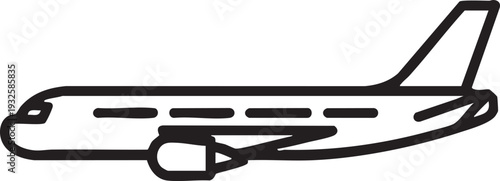 Commercial Airplane Outline Icon in Side View on White Background